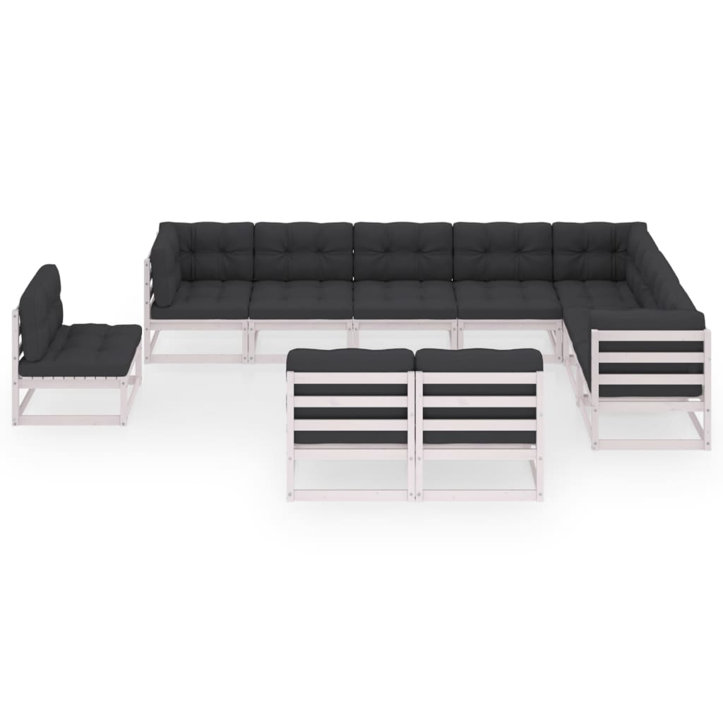10-tlg. Garten-Lounge-Set mit Kissen Weiss Kiefer Massivholz